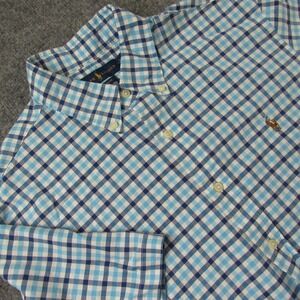 Ralph Lauren Shirt Men Large Blue White Plaid Classic Fit Short‎ Sleeve